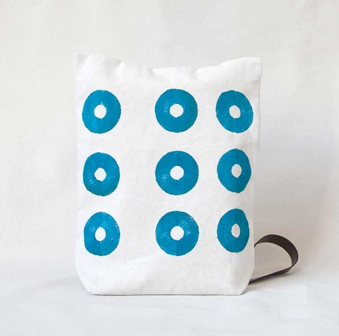 Blue circles hand-printed cotton backpack 1