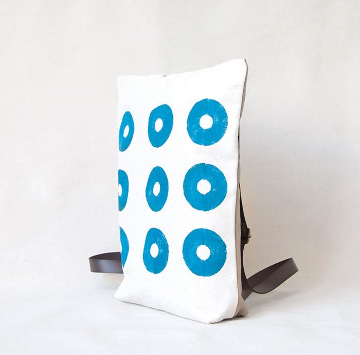 Blue circles hand-printed cotton backpack 2
