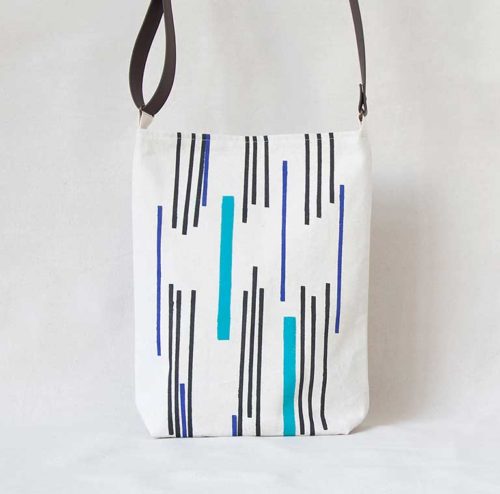Black, blue and teal lines hand-printed cotton shoulder bag 1