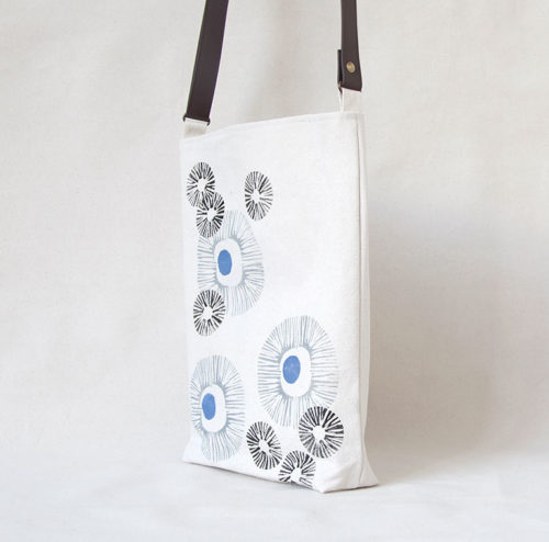 Gray, black and blue flowers hand-printed cotton shoulder bag 1