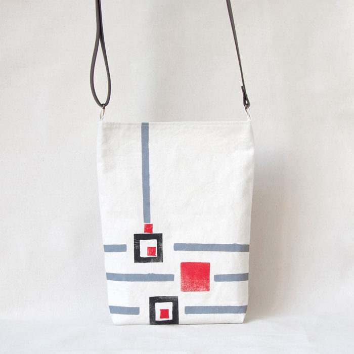 Gray, red and black stripes and squares hand-printed cotton shoulder bag 1