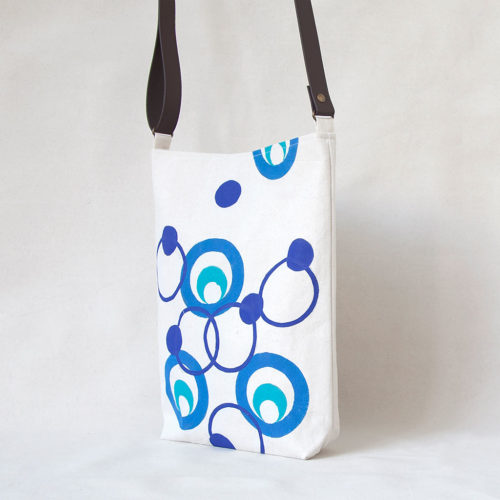 Blue and teal circles hand-printed cotton shoulder bag 1
