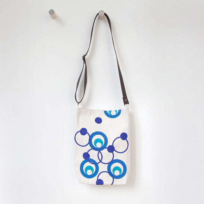 Blue and teal circles hand-printed cotton shoulder bag 3