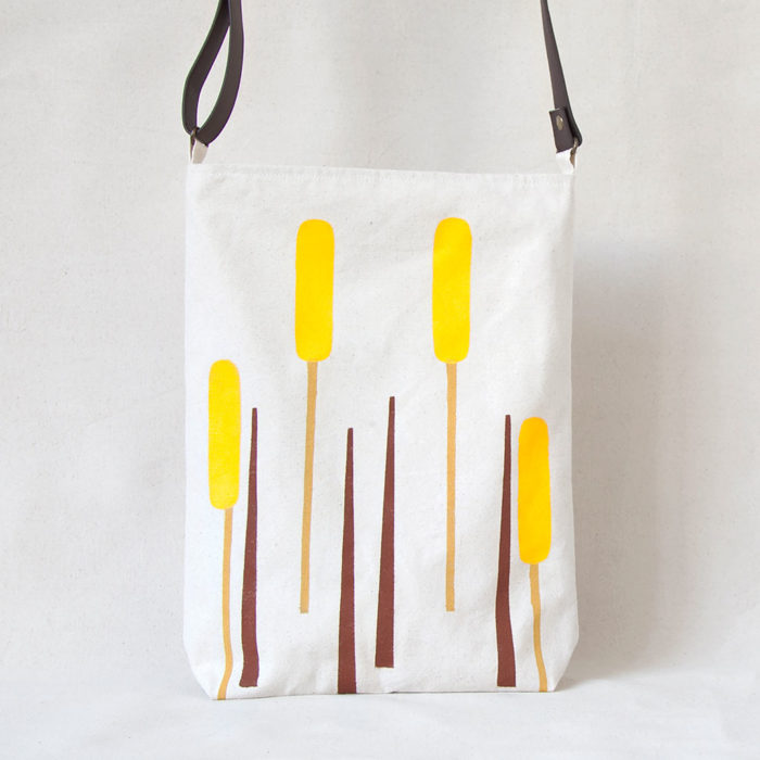 Brown and yellow rush hand-printed cotton shoulder bag 1