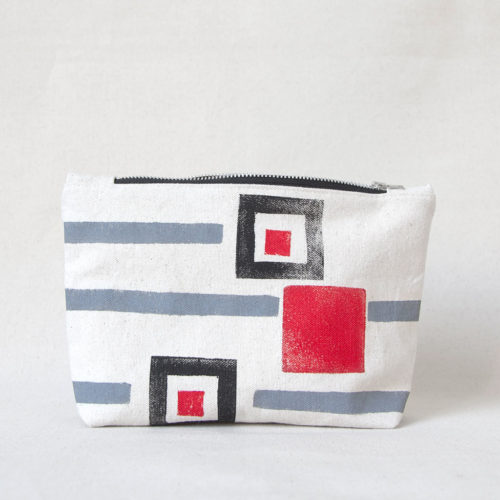 Gray, red and black stripes and squares hand-printed cotton zipper pouch 2