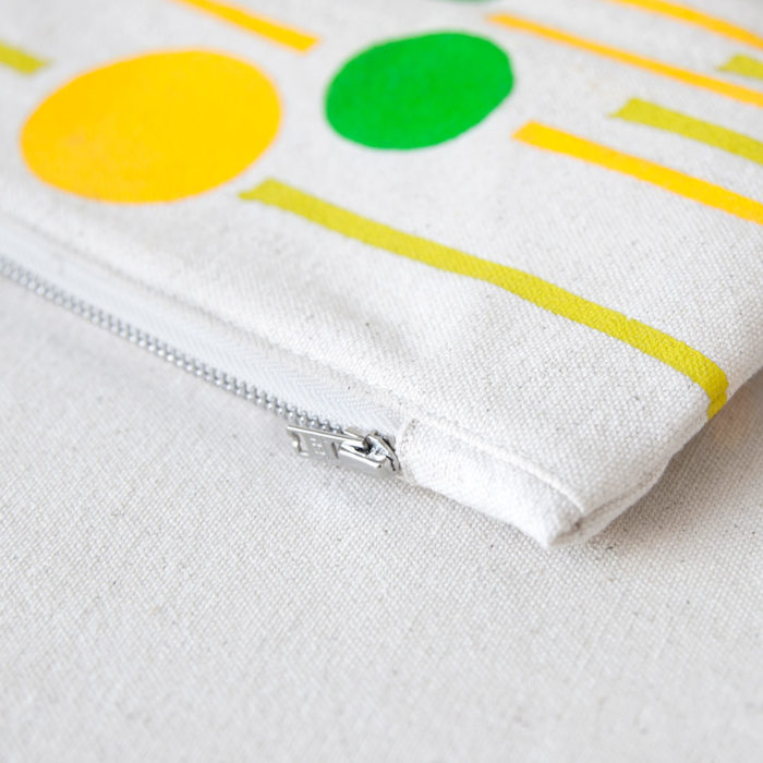 Yellow and green lines and dots hand-printed cotton zipper pouch 4