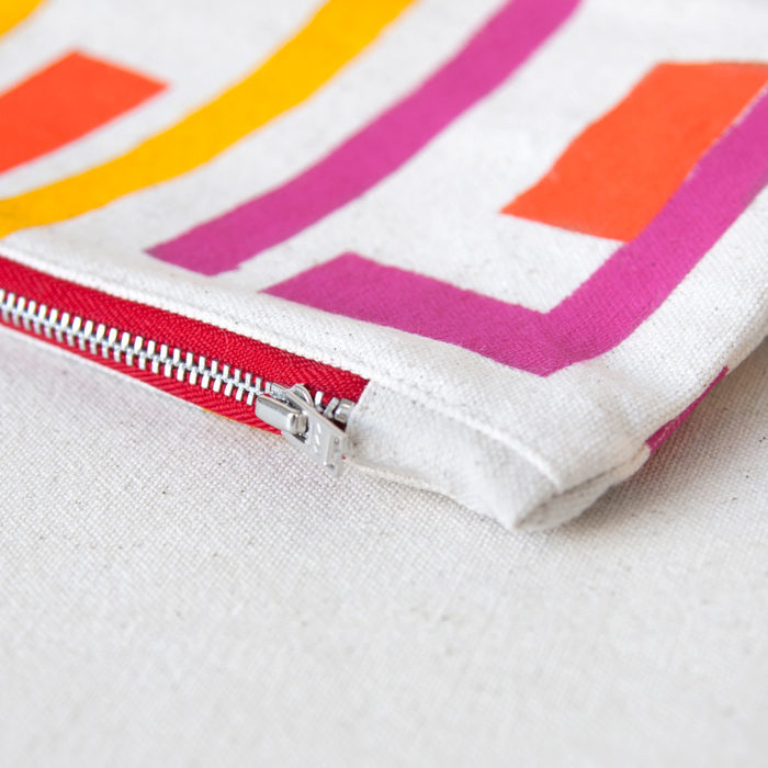 Fuchsia, yellow and orange stripes hand-printed cotton zipper pouch