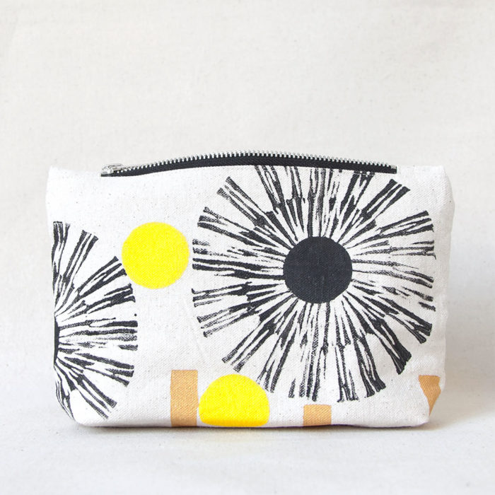 Black and yellow flowers and lines hand-printed cotton zipper pouch