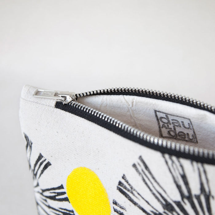 Black and yellow flowers and lines hand-printed cotton zipper pouch