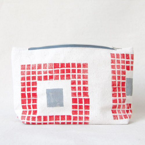 Red and gray squares hand-printed cotton zipper pouch