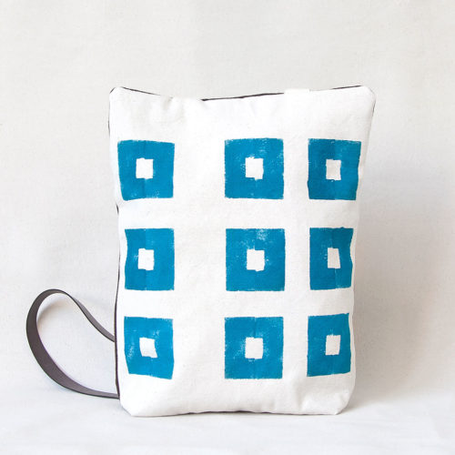 Blue squares hand-printed cotton backpack 1