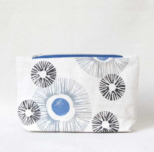 Gray, black and blue flowers hand-printed cotton zipper pouch 1