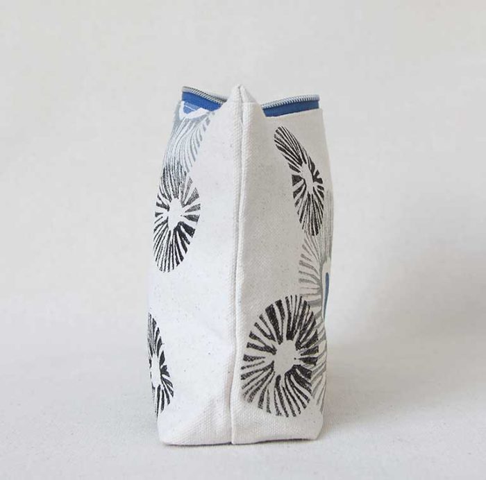 Gray, black and blue flowers hand-printed cotton zipper pouch 3