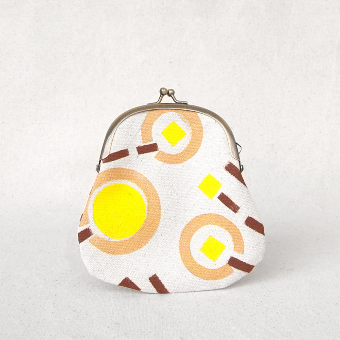 Yellow and brown circles and lines hand-printed cotton clasp purse 1