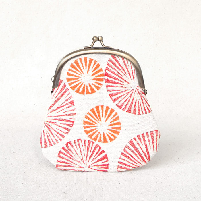 Red and orange flowers hand-printed cotton clasp purse 2