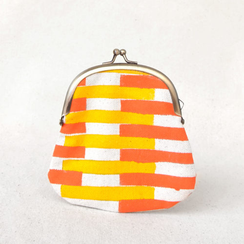 Yellow and orange lines hand-printed cotton clasp purse 1