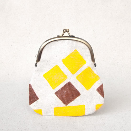 Yellow and brown squares hand-printed cotton clasp purse 1