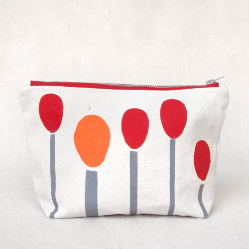 Red, orange, gray dots and lines hand-printed cotton zipper pouch