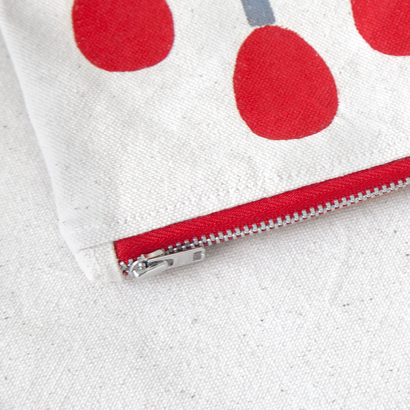 Red, orange, gray dots and lines hand-printed cotton zipper pouch