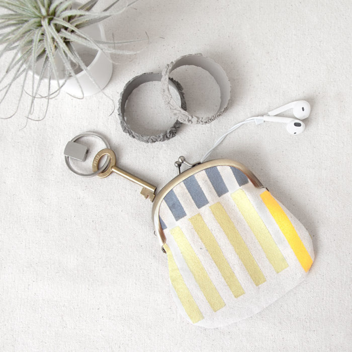 Gray, yellow, light green stripes hand-printed cotton clasp purse 1