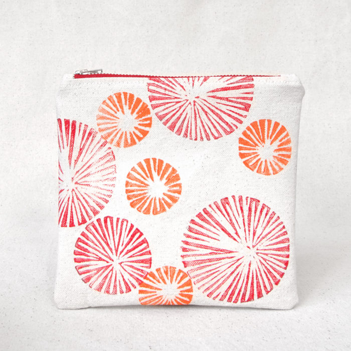 Red and orange flowers hand-printed cotton zipper pouch
