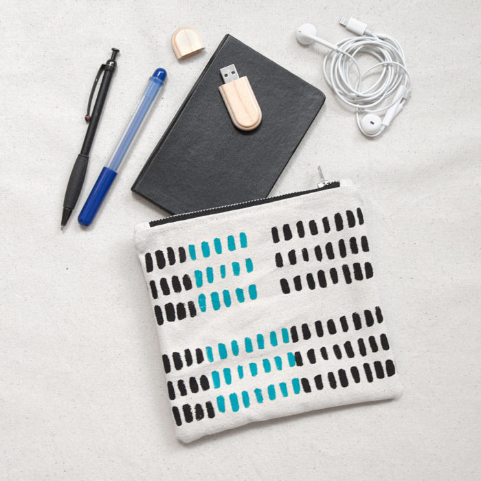 Black and blue dots hand-printed cotton zipper pouch