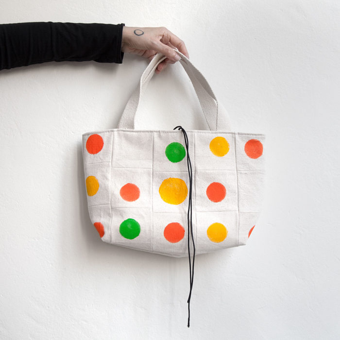 Red, yellow and Green polka dots hand-printed cotton handbag 7